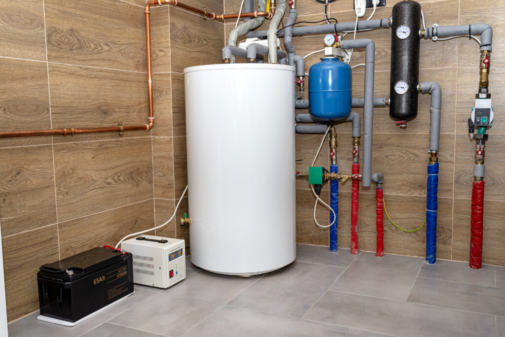 Zizou Services - Experts en Dépannage et Services à Domicile Modern gas boiler room lined with ceramic tiles imitating wood, visible emergency power supply with a 12 volt battery. à Angoulême - Zizou Services 16